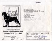 Grimm's critique for his VVN-1 rating at the Landesgruppe Chicago German-Style Rottweiler Show on Oct. 30, 1999 under respected Breeder-Judge Mr. Josef Hedl